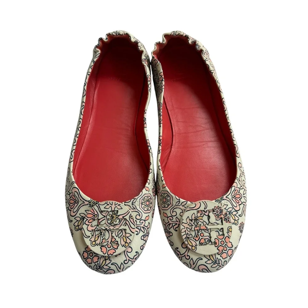 Tory Burch Minnie Travel Ballet Flats Cream Pink Floral Paisley Leather Size 9